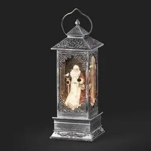 snow globe santa in burgundy robe silver lace lantern