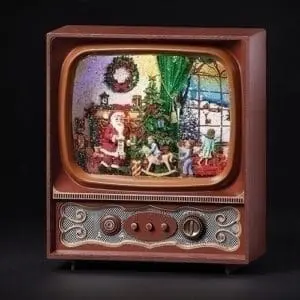 snow globe tv santa with tree, children and toys