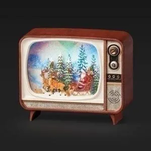snow globe tv santa in sled with reindeer in forest scene