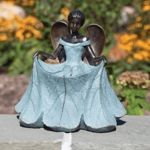 statue angel curtsy bird bath bronze with blue patina