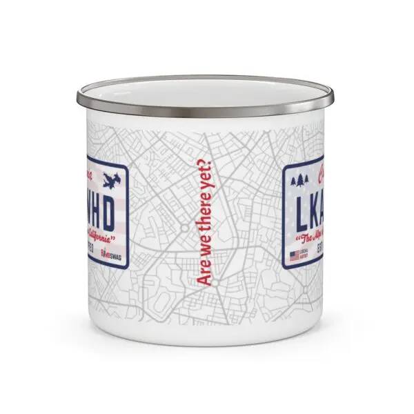 lake arrowhead camping mug with california license plate design