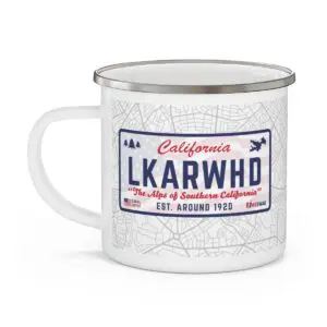 lake arrowhead camping mug with california license plate design