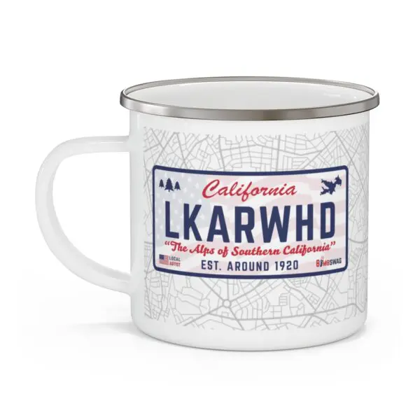lake arrowhead camping mug with california license plate design