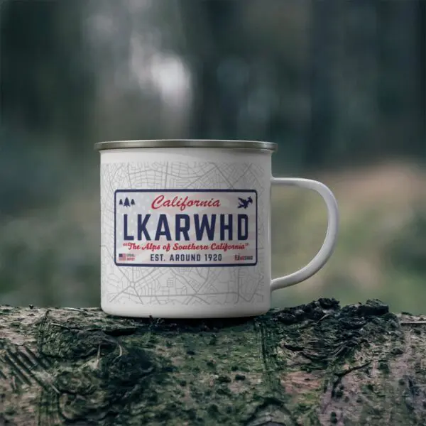 lake arrowhead camping mug with california license plate design