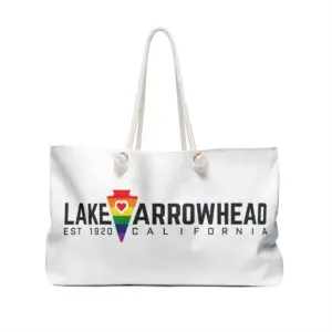 lake arrowhead lgbtq+ weekender tote bag with rainbow arrowhead and heart