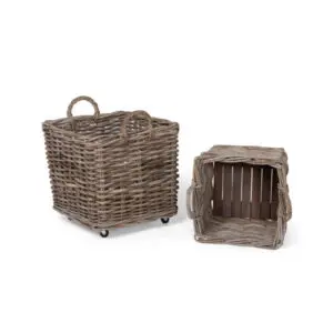 rattan woven square basket with casters, set of 2