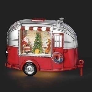 snow globe santa & reindeer roasting marshmallows in camper