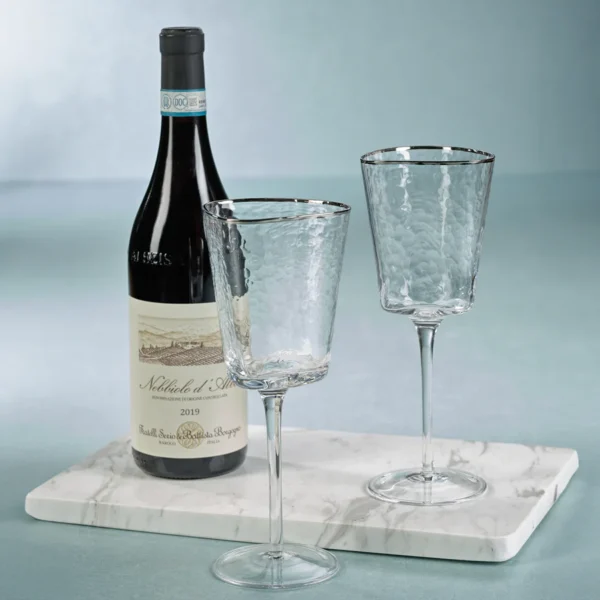 aperitivo clear triangular wine glasses with platinum rim by zodax ch7356 02