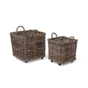 rattan woven square basket with casters, set of 2